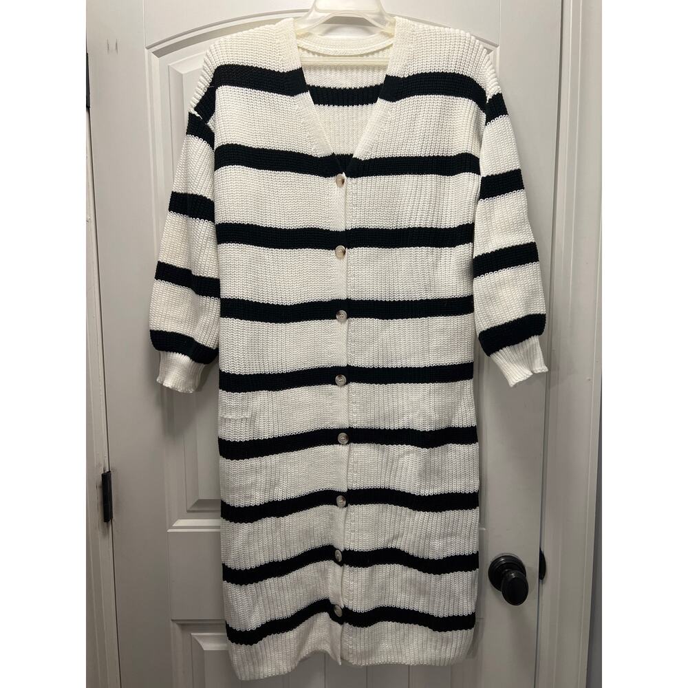 SHEIN Women’s Striped Button Down Long Sleeve Sweater Dress Size M Black White